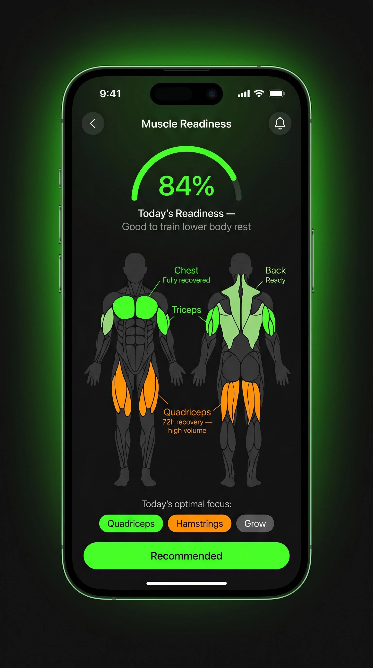 Dark-mode app screen showing a front-and-back human body silhouette with a muscle recovery heat map