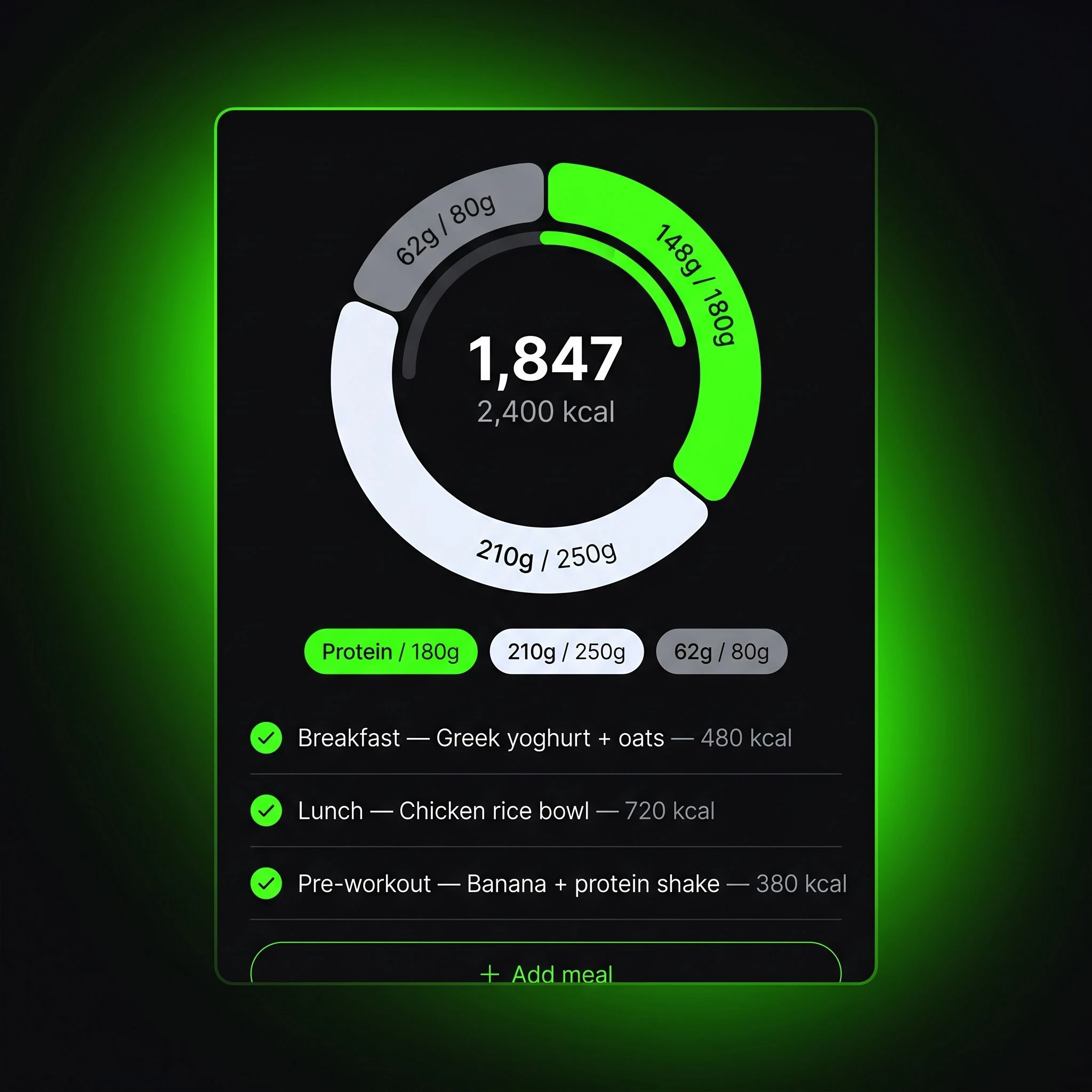 Dark-mode nutrition tracking screen showing a circular macro progress ring