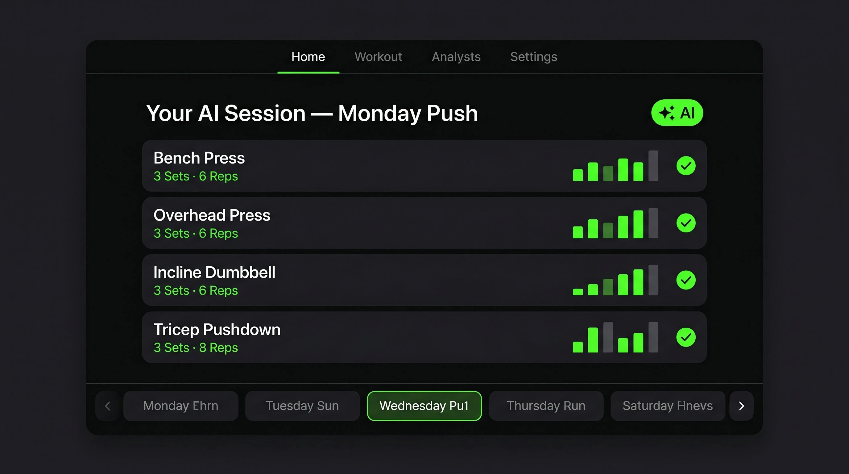 Wide dark-mode app interface showing a full AI-generated workout session
