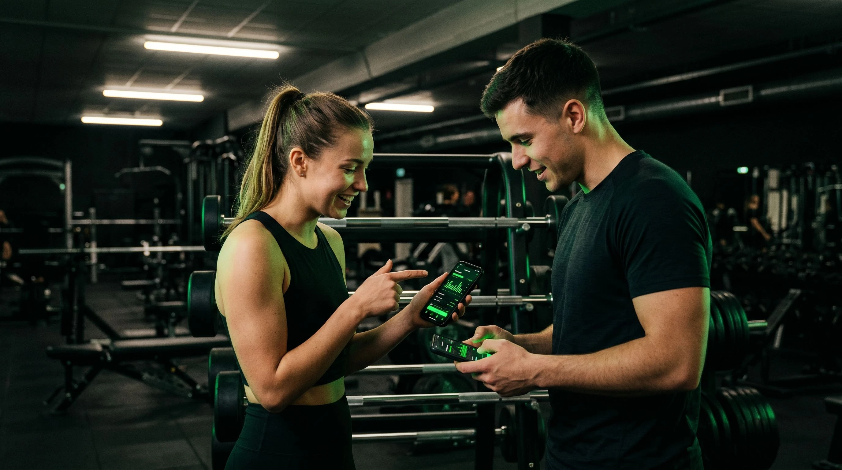 Two gym members standing near a weight rack, both looking at their smartphones which display the fitness app, smiling and pointing at each other's screens in a collaborative moment