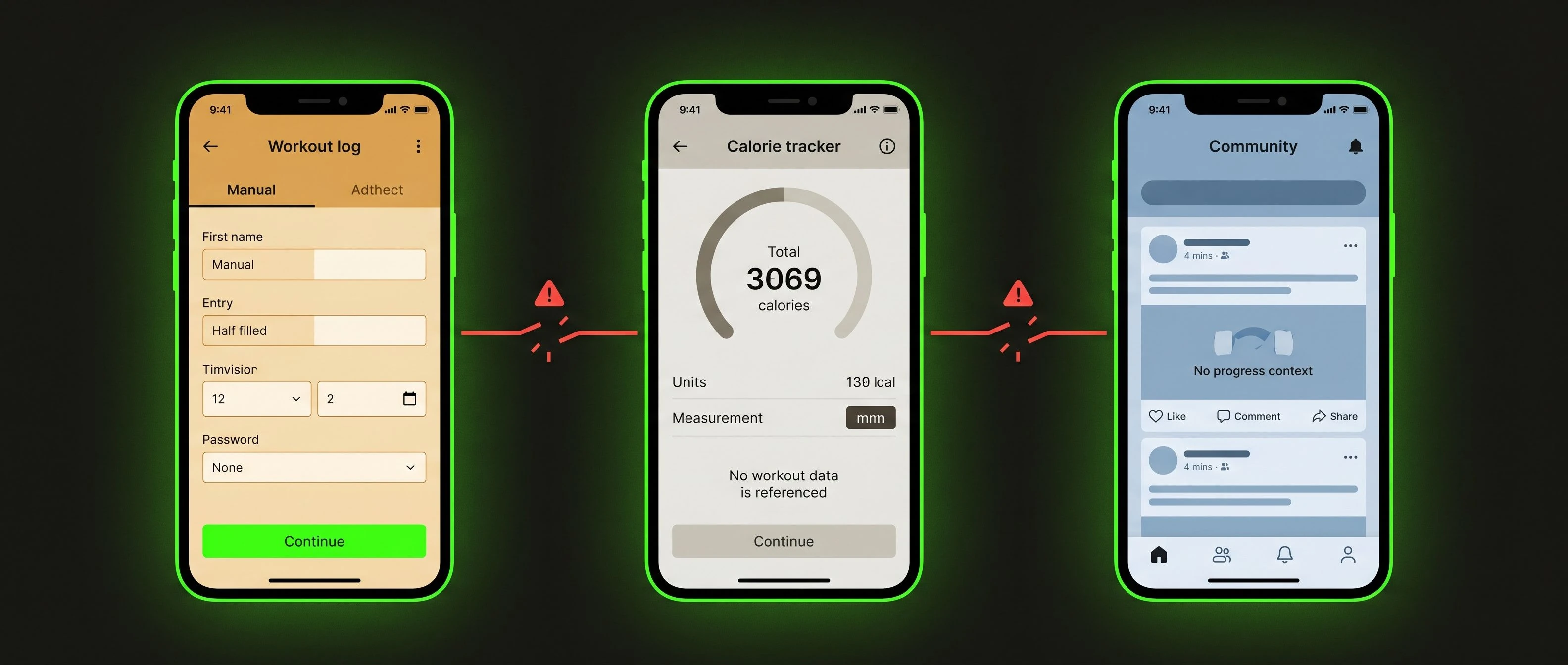 Three smartphone screens displayed side by side, each showing a different generic fitness tracking app with mismatched data and duplicated manual entry fields — a visual representation of the fragmented multi-app problem