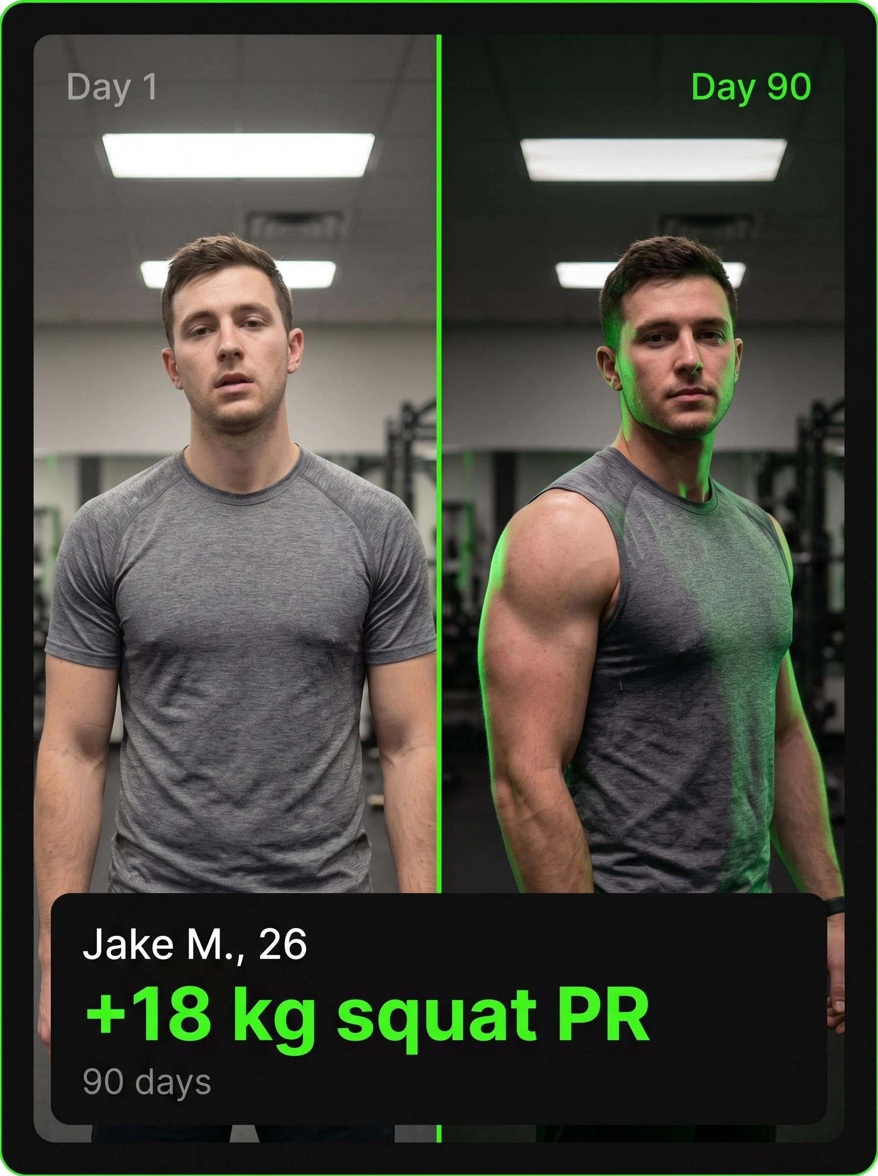 Before-and-after photo card showing a 26-year-old male gym-goer