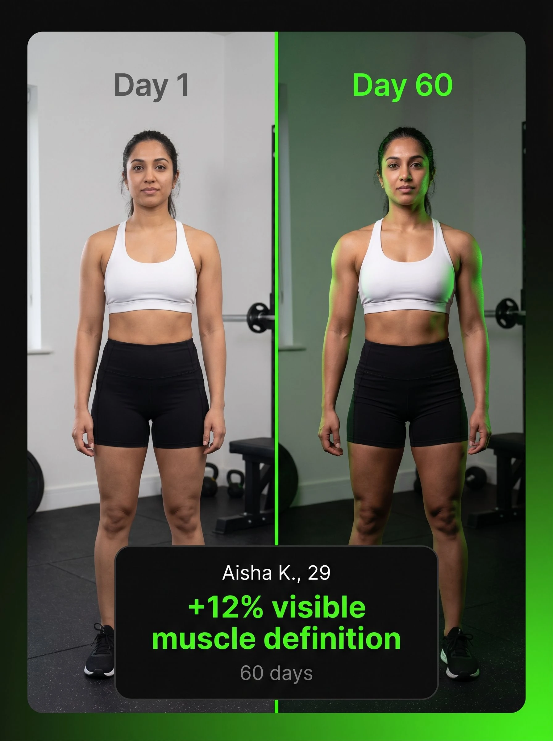 Before-and-after photo card showing a 29-year-old woman in a home gym setting