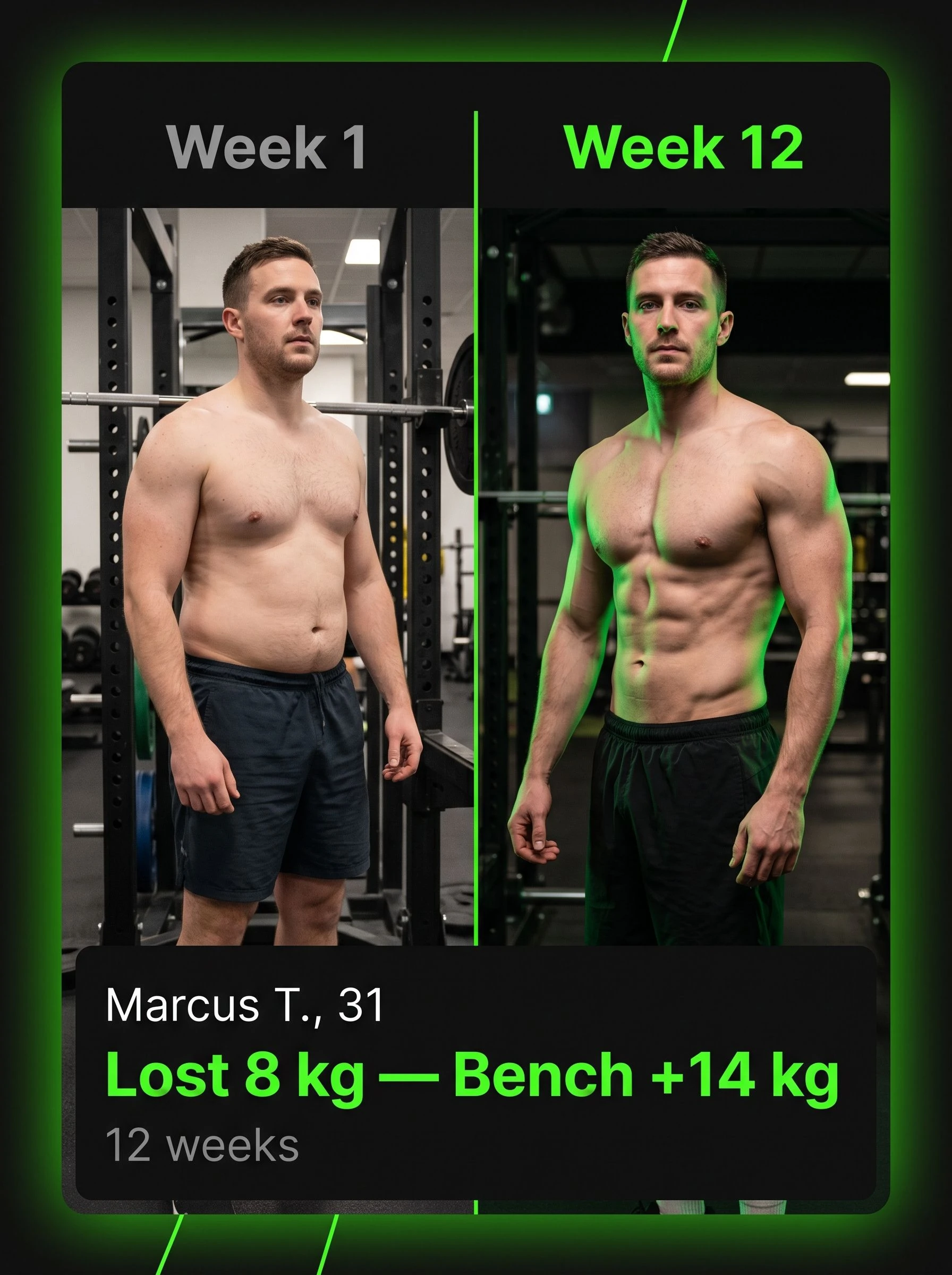 Before-and-after photo card showing a 31-year-old man at a commercial gym