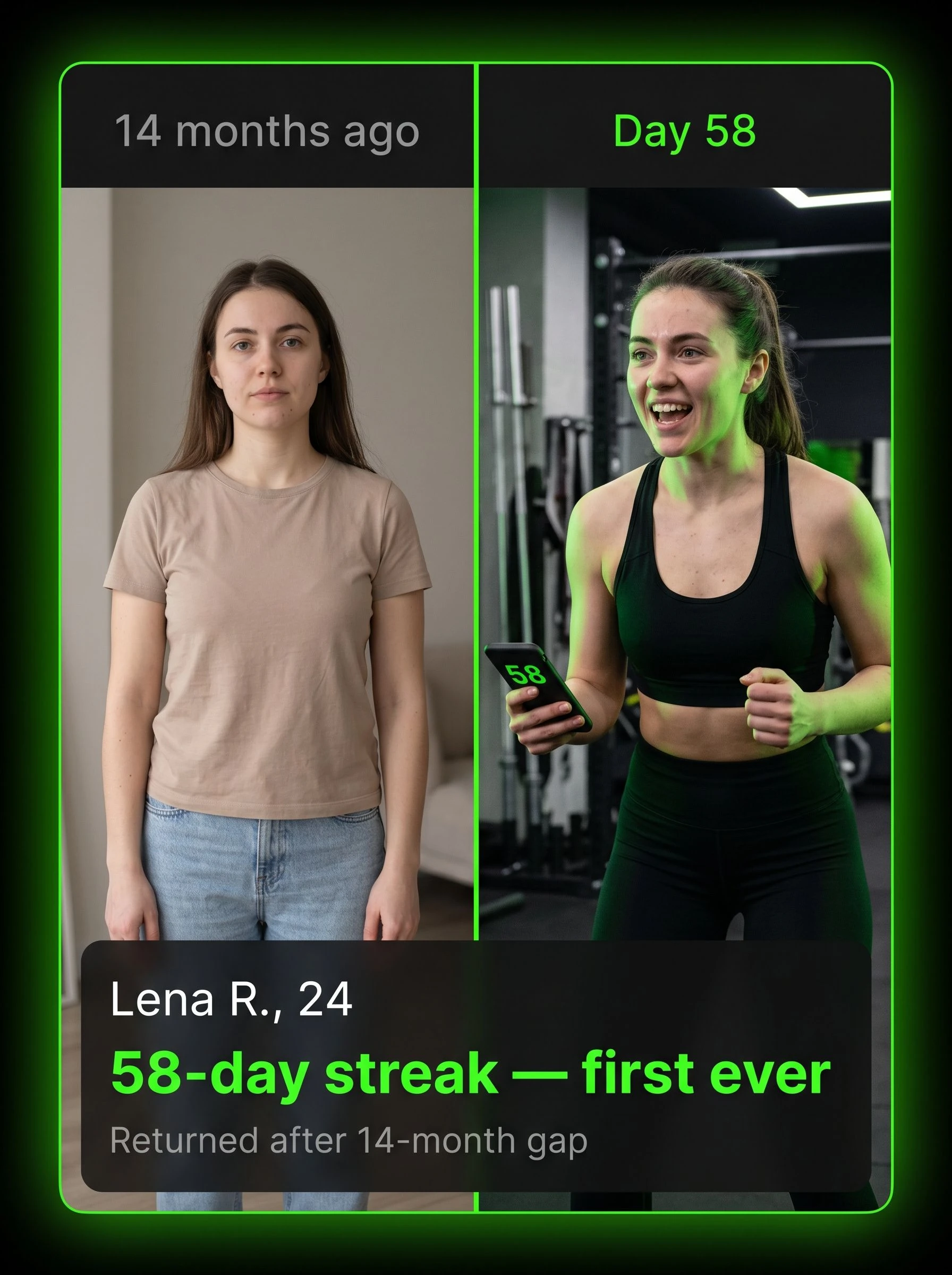 Before-and-after photo card showing a 24-year-old woman